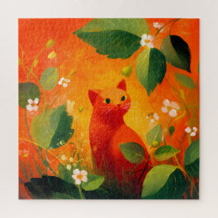Whimsical Red Cat Wildflower Garden Jigsaw Puzzle