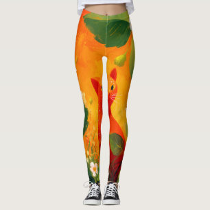 Whimsical Red Cat Wildflower Garden Leggings