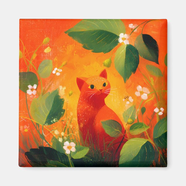 Whimsical Red Cat Wildflower Garden Magnet (Front)