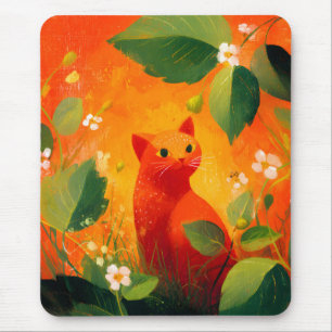 Whimsical Red Cat Wildflower Garden Mouse Mat