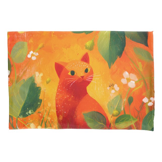 Whimsical Red Cat Wildflower Garden Pillowcase (Front)