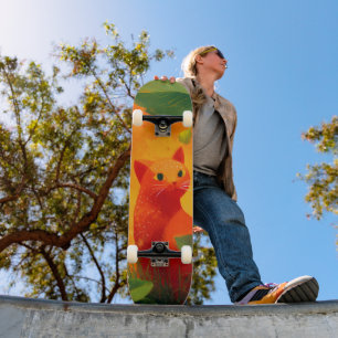 Whimsical Red Cat Wildflower Garden Skateboard