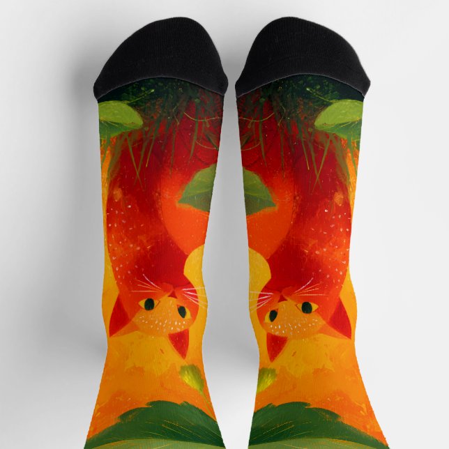 Whimsical Red Cat Wildflower Garden Socks (Top)