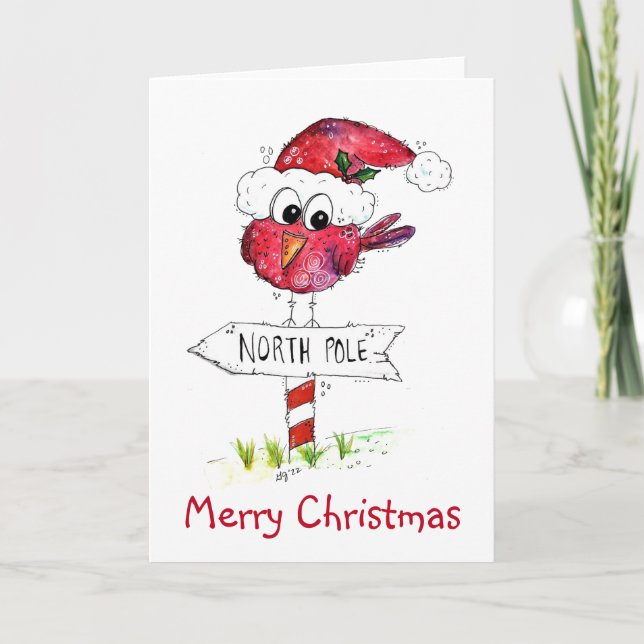 Whimsical Red Christmas Bird Card (Front)