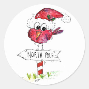 Whimsical Red Christmas Bird Classic Round Sticker