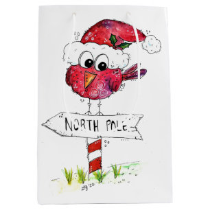 Whimsical Red Christmas Bird Medium Gift Bag