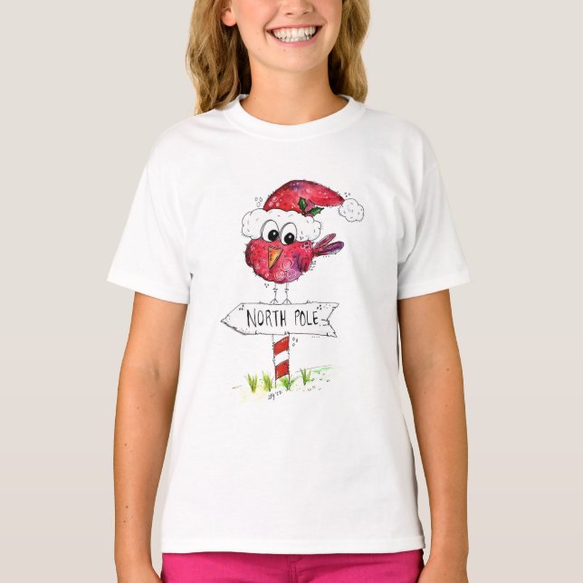 Whimsical Red Christmas Bird T-Shirt (Front)