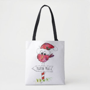 Whimsical Red Christmas Bird Tote Bag