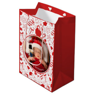 Whimsical Red Christmas Doodle Art Custom Photo Medium Gift Bag