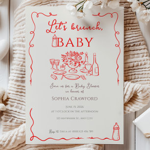 Whimsical Red Doodle Let's Brunch Baby Shower Invitation