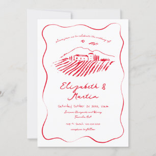 Whimsical Red Doodle Vineyard Wavy Border Wedding Invitation