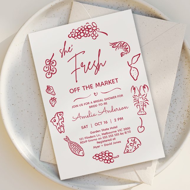 Whimsical Red Drawn Farmer Market Bridal Shower Invitation (Red Fresh off the Market Bridal Shower Invitation Whimsical Market Farmers Bridal Shower Invitation )