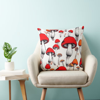 WHIMSICAL RED FLOATING MUSHROOMS DIGITAL ART  CUSHION