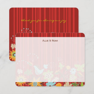 Whimsical Red Floral Garden And Bird Fun Wedding Thank You Card