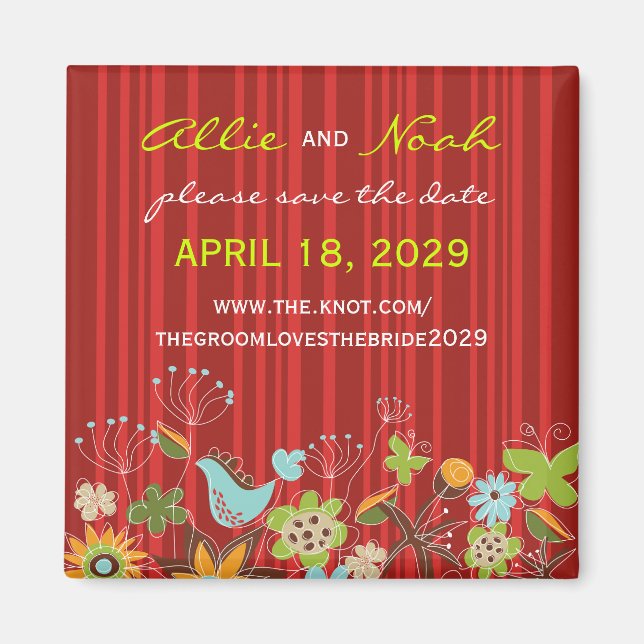 Whimsical Red Floral Garden Save The Date Magnet (Front)