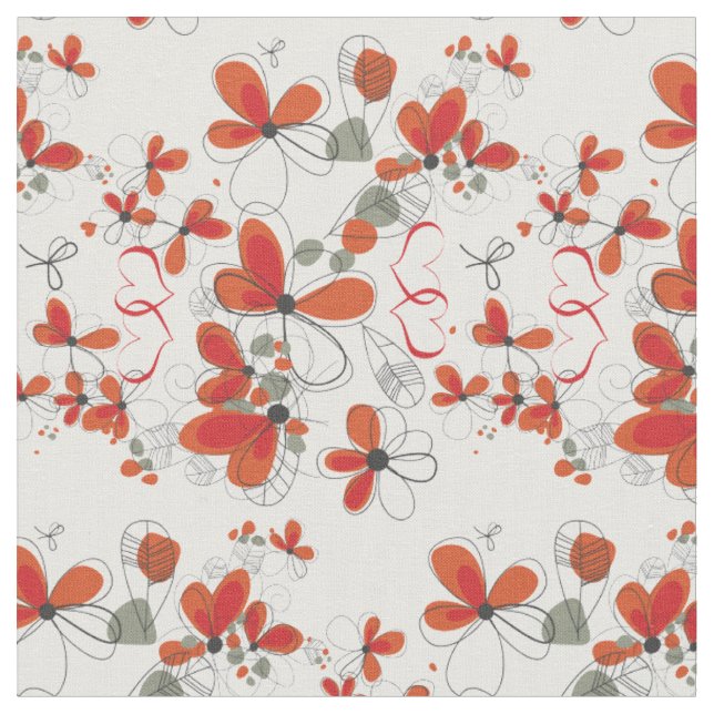 Whimsical Red Flowers and Hearts Fabric (Close Up)
