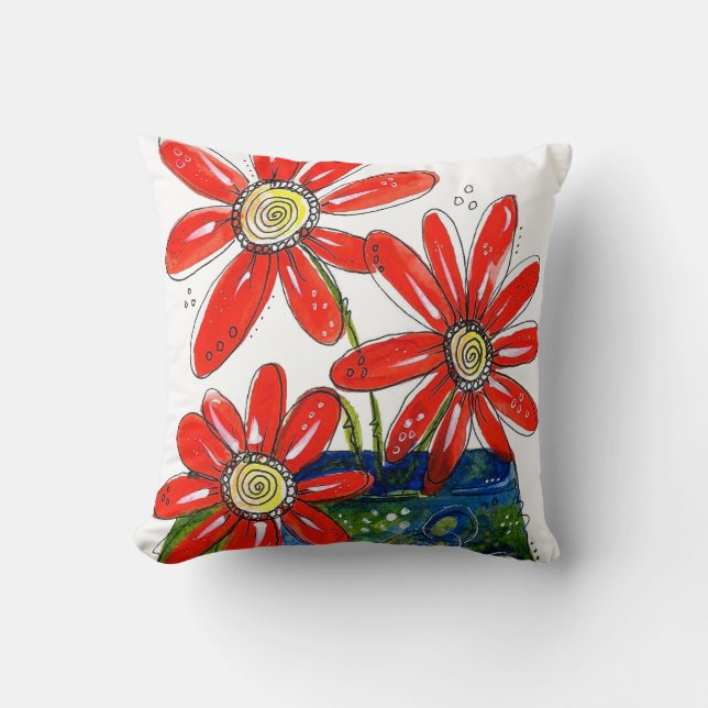 Whimsical Red Flowers  Cushion (Front)