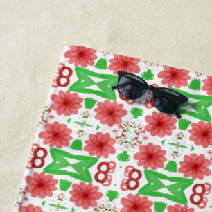Whimsical Red Flowers Green Leaves On White Art Beach Towel