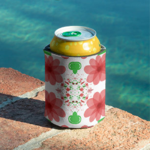 Whimsical Red Flowers Green Leaves On White Art Can Cooler