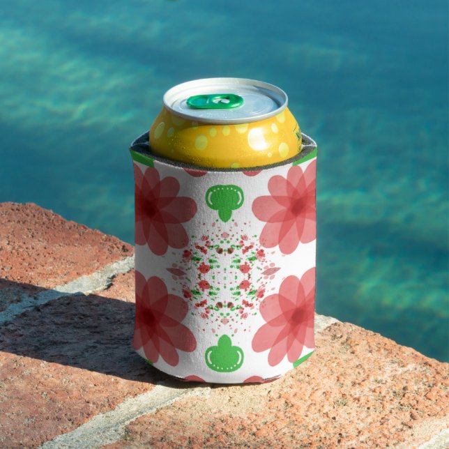 Whimsical Red Flowers Green Leaves On White Art Can Cooler (In Situ Pool)