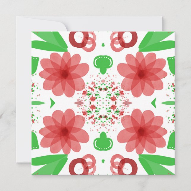 Whimsical Red Flowers Green Leaves On White Art Card (Front)