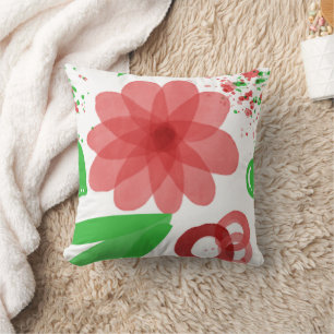 Whimsical Red Flowers Green Leaves On White Art Cushion