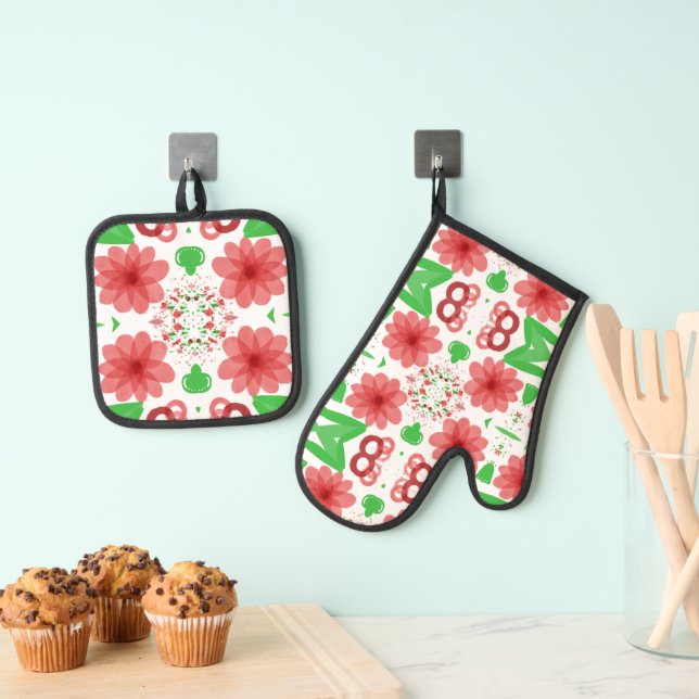 Whimsical Red Flowers Green Leaves On White Art Oven Mitt & Pot Holder Set (Insitu(Hanging))