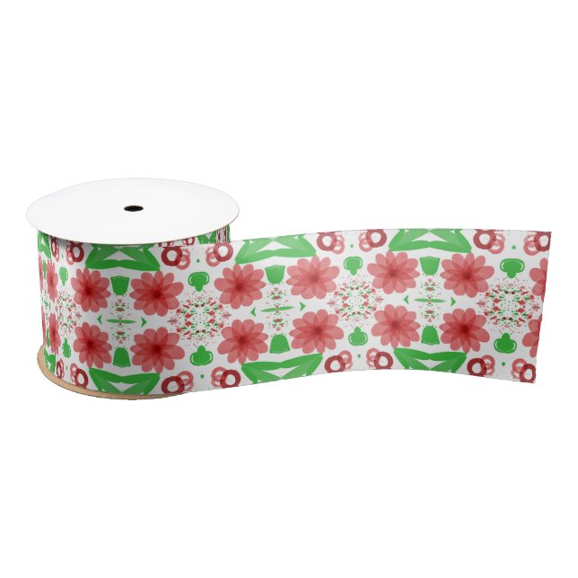 Whimsical Red Flowers Green Leaves On White Art Satin Ribbon (Spool)