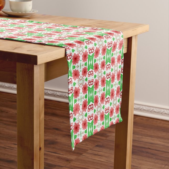 Whimsical Red Flowers Green Leaves On White Art Short Table Runner (In Situ)