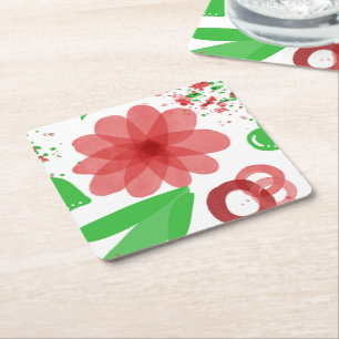 Whimsical Red Flowers Green Leaves On White Art  Square Paper Coaster