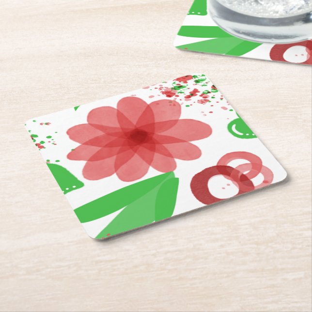 Whimsical Red Flowers Green Leaves On White Art  Square Paper Coaster (Angled)