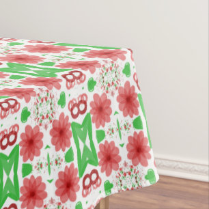 Whimsical Red Flowers Green Leaves On White Art Tablecloth