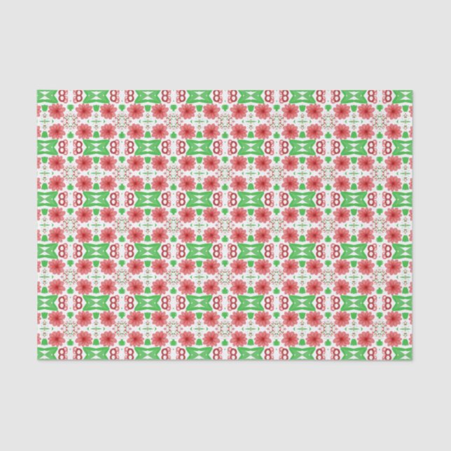 Whimsical Red Flowers Green Leaves On White Art Tissue Paper (Front)