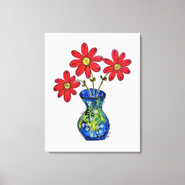 Whimsical Red Flowers in Blue Vase Canvas Print (Front)