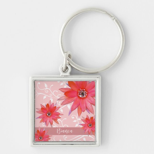 Whimsical Red Flowers Swirly Leaves Add Name Pink Key Ring (Front)