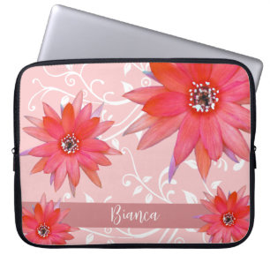 Whimsical Red Flowers Swirly Leaves Add Name Pink Laptop Sleeve