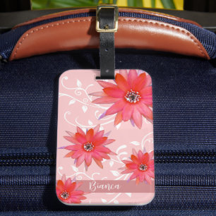 Whimsical Red Flowers Swirly Leaves Add Name Pink Luggage Tag