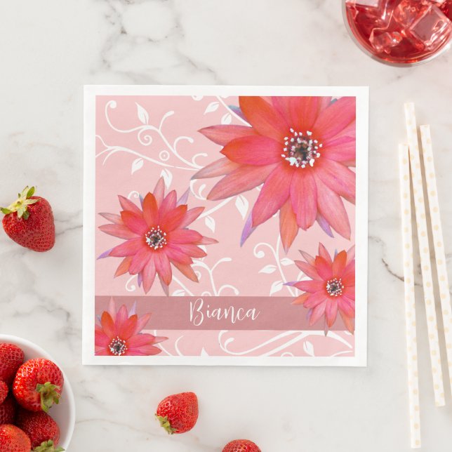 Whimsical Red Flowers Swirly Leaves Add Name Pink  Napkin (Insitu)