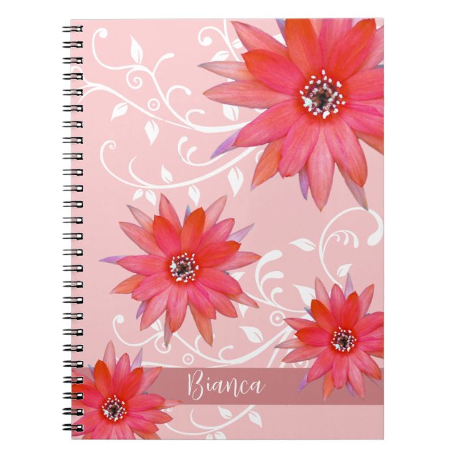 Whimsical Red Flowers Swirly Leaves Add Name Pink Notebook (Front)