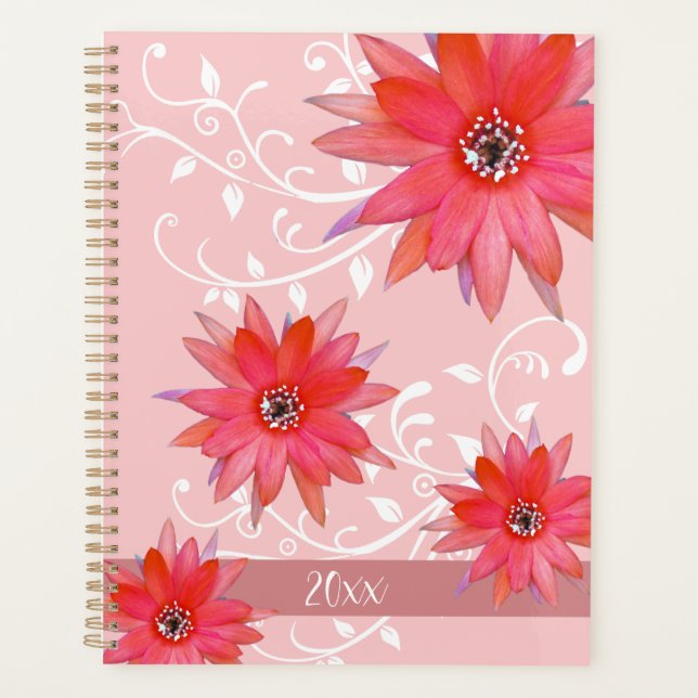 Whimsical Red Flowers Swirly Leaves Add Name Pink  Planner (Front)