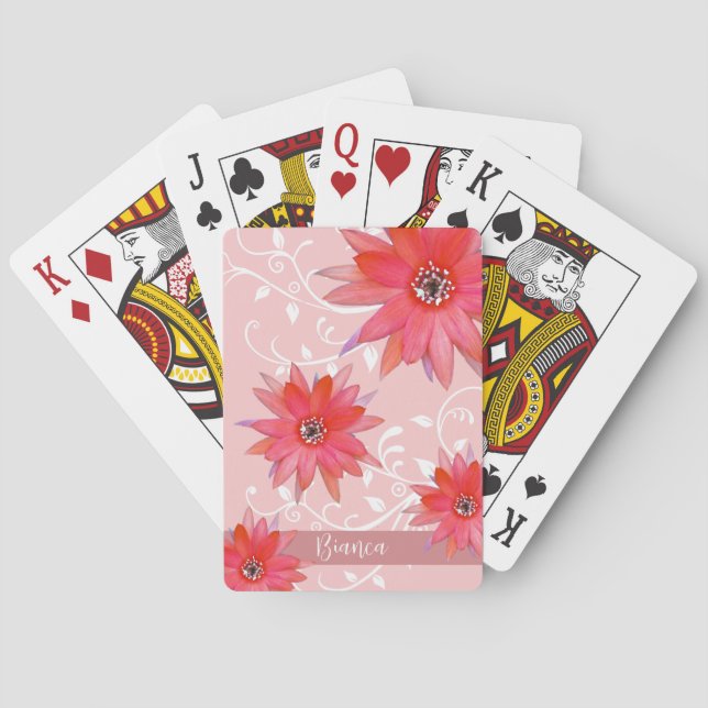 Whimsical Red Flowers Swirly Leaves Add Name Pink Playing Cards (Back)