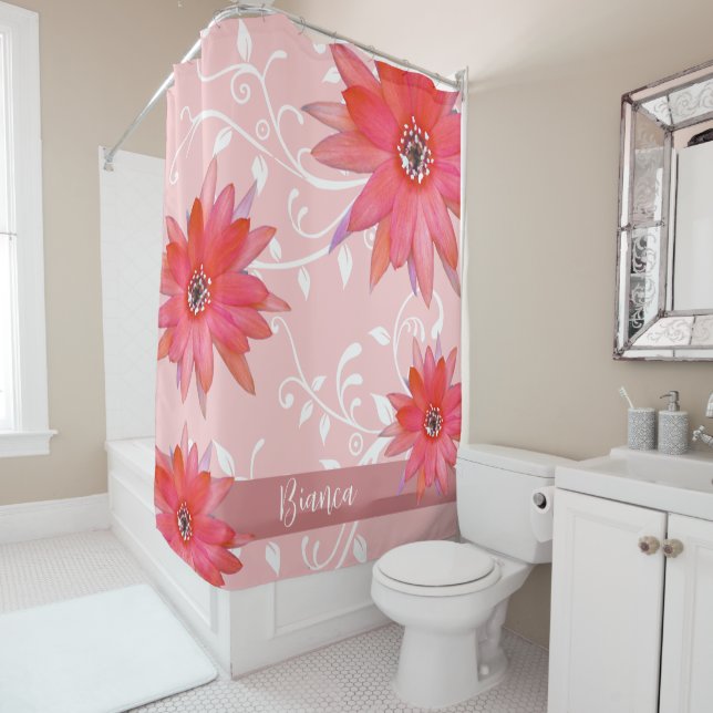 Whimsical Red Flowers Swirly Leaves Add Name Pink Shower Curtain (In Situ)