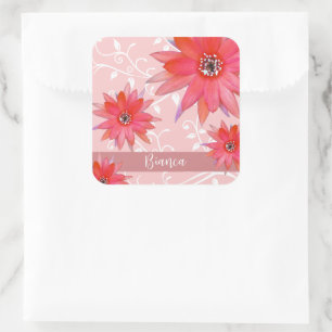 Whimsical Red Flowers Swirly Leaves Add Name Pink  Square Sticker