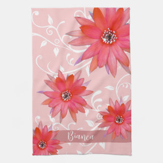 Whimsical Red Flowers Swirly Leaves Add Name Pink Tea Towel
