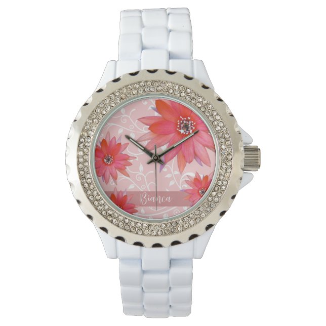 Whimsical Red Flowers Swirly Leaves Add Name Pink Watch (Front)