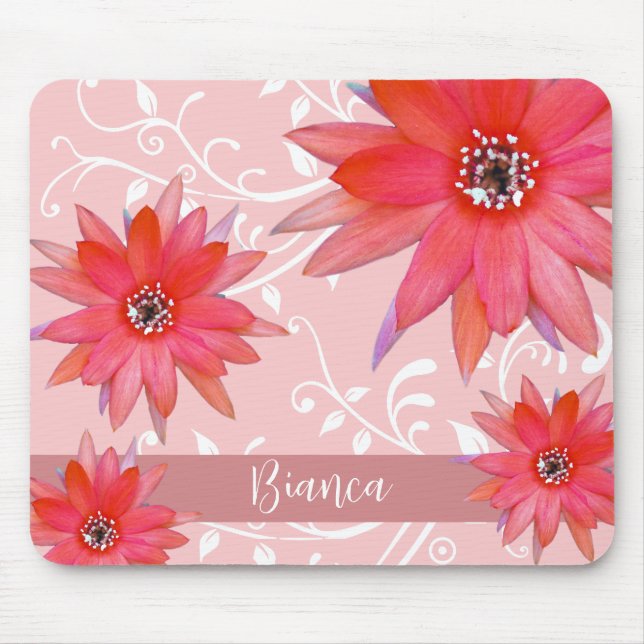 Whimsical Red Flowers Swirly Leaves Pink Mouse Mat (Front)