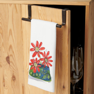 Whimsical Red Flowers Tea Towel