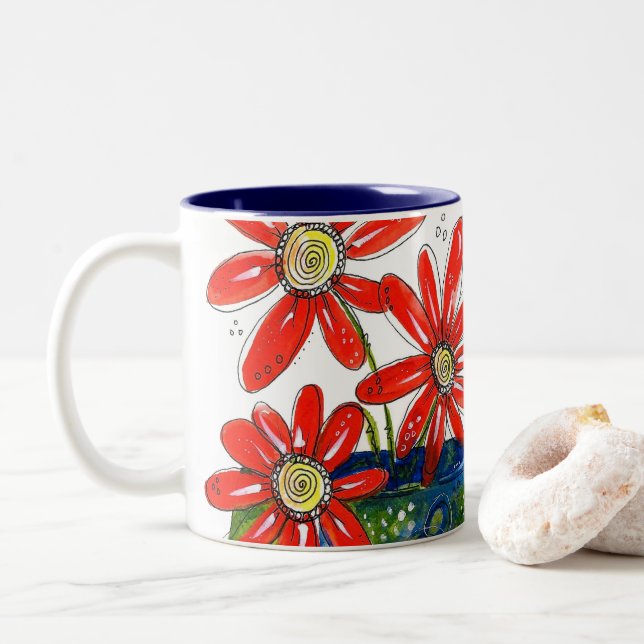 Whimsical Red Flowers Two-Tone Coffee Mug (With Donut)