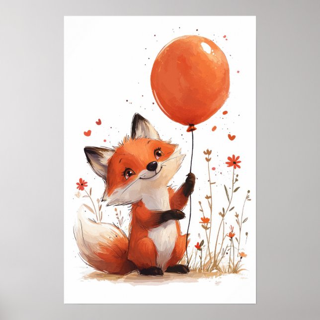 Whimsical Red Fox with Orange Balloon Poster (Front)