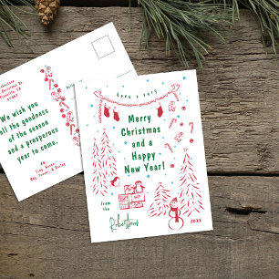 Whimsical Red & Green Christmas Scene Postcard